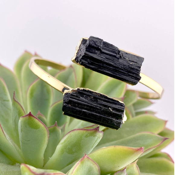 Natural Black Tourmaline Open Double Stone 18k Gold Plated Cuff Bracelet - Picture 2 of 8